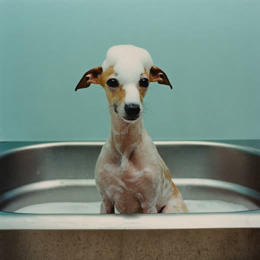 A small dog being bathed and lathered in a grooming tub