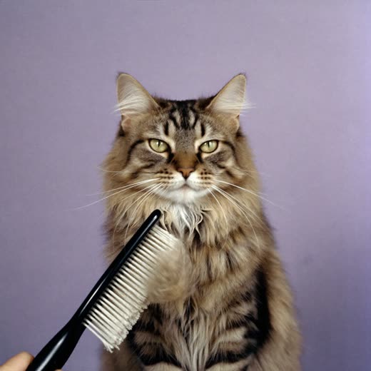 A long-haired cat being brushed during a de-shed groom